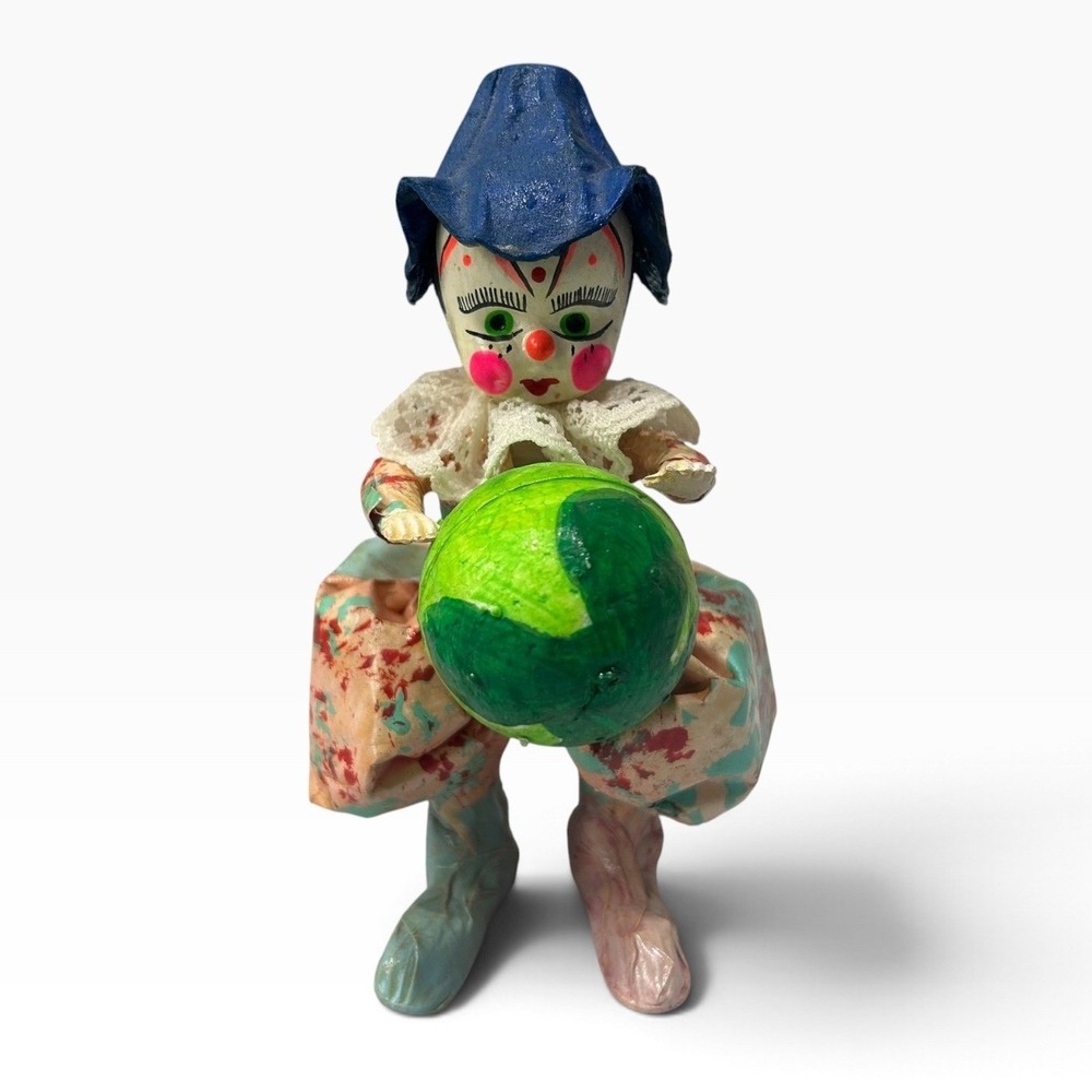 Vintage Papier Mache Clown Figurine Hand Painted Folk Art Jester Circus Decor